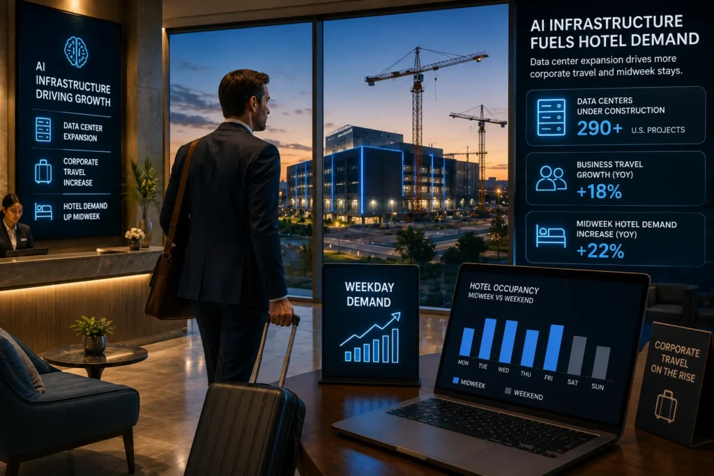 Business traveler in a modern hotel lobby reviews AI-driven data panels about data center growth while looking out at a construction site at sunset.