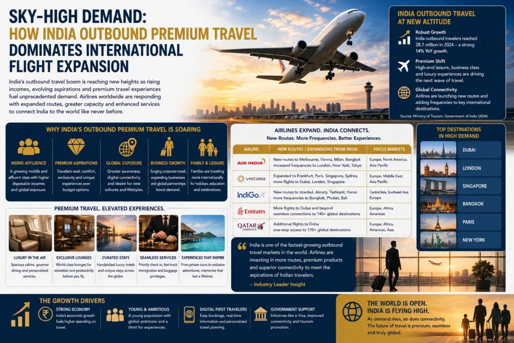 Infographic on India's outbound premium travel growth, showing a plane taking off over a city skyline at sunset.