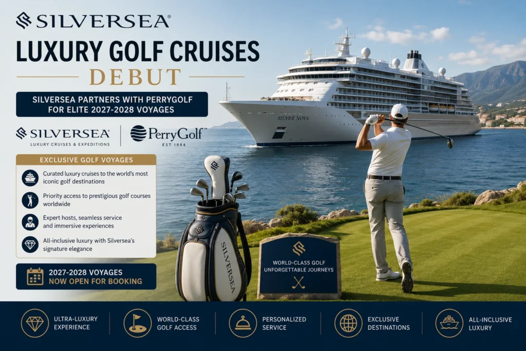 Promotional banner: a luxury Silversea cruise ship near shore with a golfer swinging on a green foreground; text reads 'Luxury Golf Cruises Debut'.