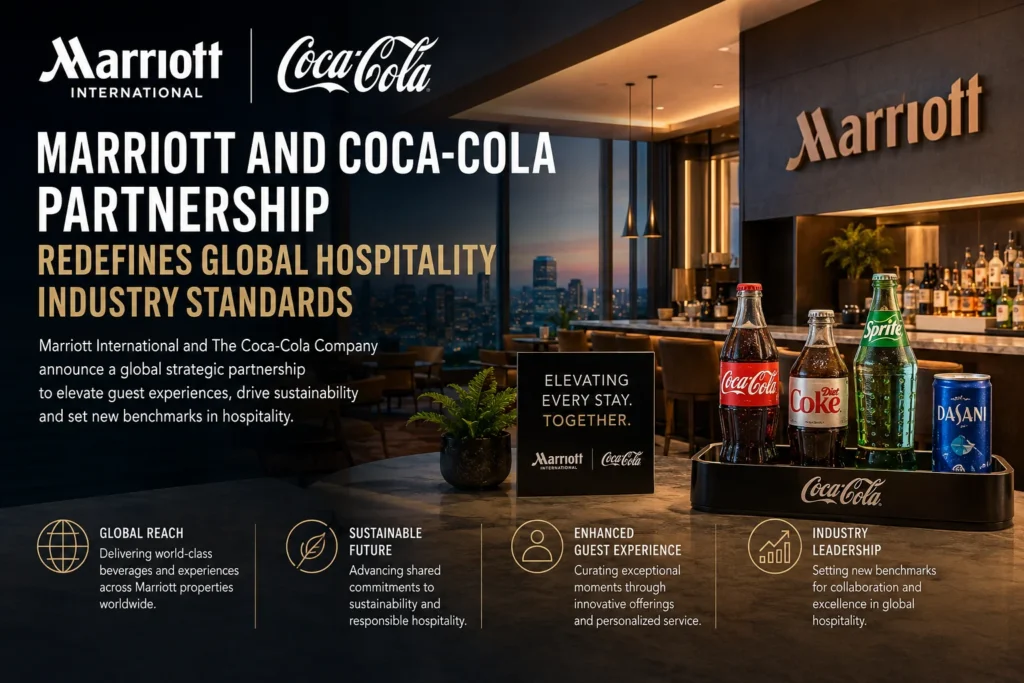Banner announcing Marriott International and Coca-Cola partnership with a luxurious hotel lobby and Coke bottles on a bar.