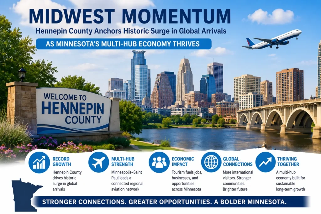 Promotional poster for Hennepin County with Minneapolis skyline, river, bridge, and bold Midwest Momentum headline.