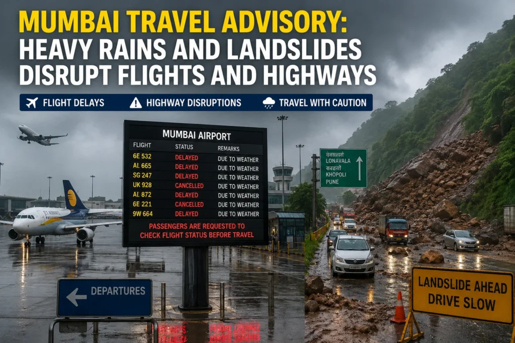 Mumbai travel advisory headline about heavy rains and landslides disrupting flights and highways at Mumbai airport scene.