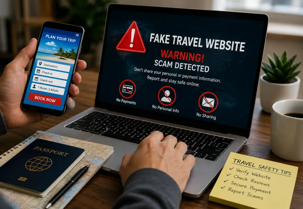 Online travel scam alert workspace