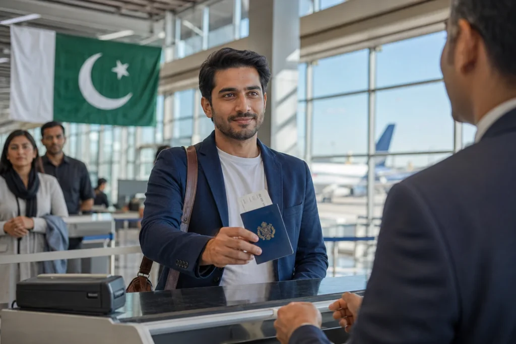 Pakistani traveler at modern airport terminal