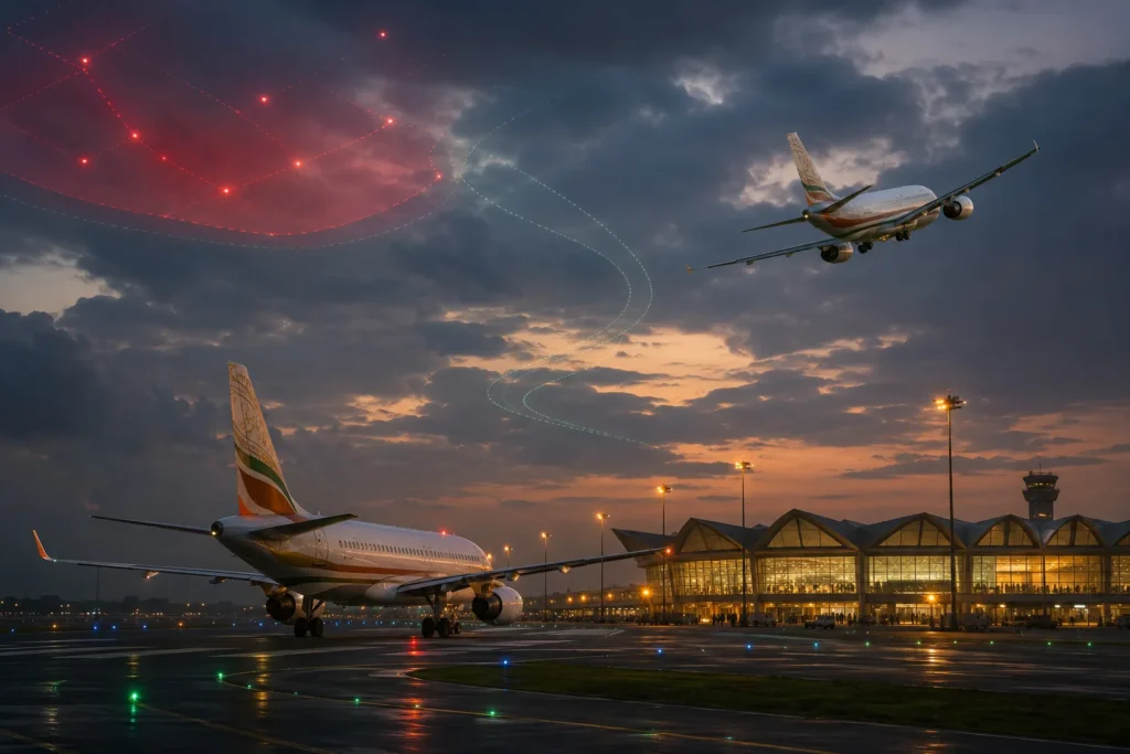 Rerouted jets over an Indian airport