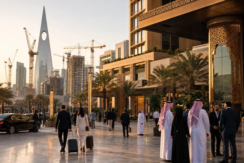 Professionals and visitors walk along a marble plaza beside a modern building with palm trees and golden-hour light. Cranes and skyscrapers rise in the background.