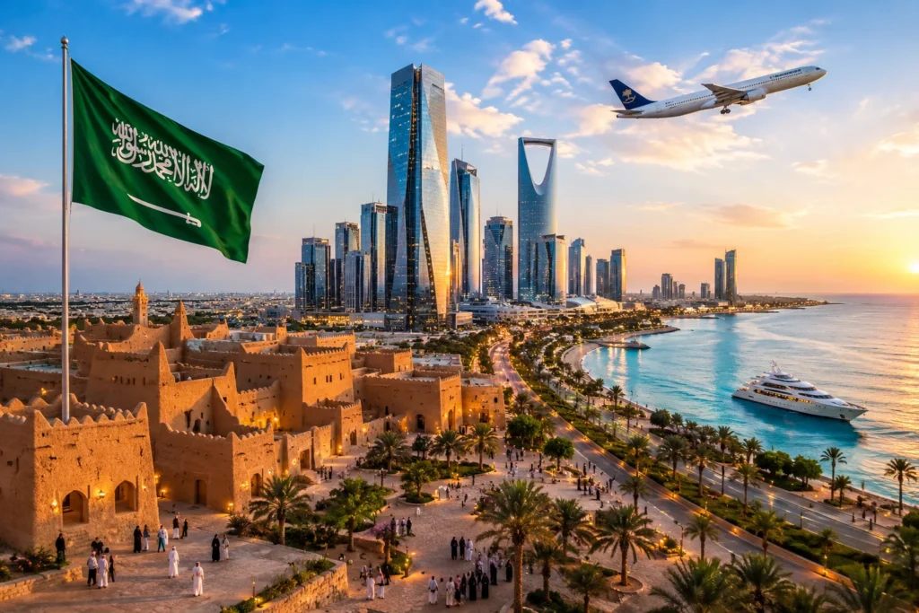 Saudi Arabian flag waving over a desert fortress with a modern coastal skyline at sunset.