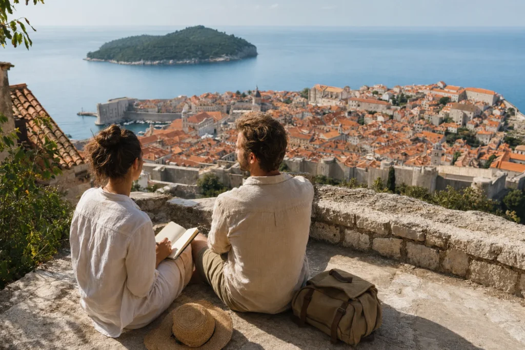 Two people in light clothing sit on a stone ledge, one writing in a notebook, overlooking a coastal town with red-tiled roofs and a calm blue sea. A straw hat and a backpack rest nearby.