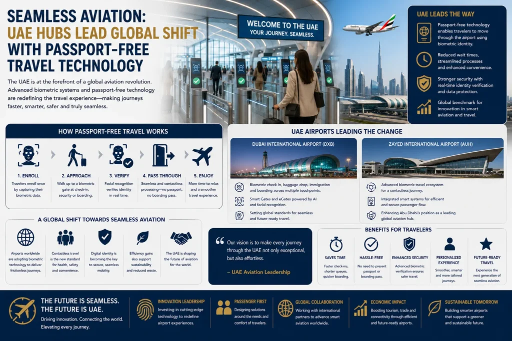 Infographic on UAE passport-free travel tech and seamless aviation, showing an airport scene with gates and a plane, plus sections on hubs, airports, and traveler benefits.