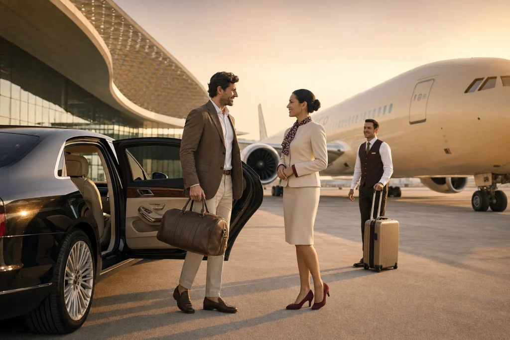 Business travelers greet each other beside a parked luxury car with luggage as a large airplane sits on the tarmac.