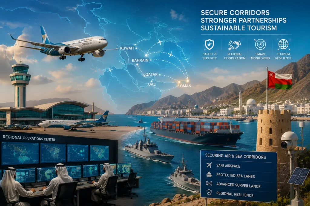 Composite scene of a regional security hub: air traffic control desks with operators, airplanes taking off, ships at sea, a Gulf map of secure corridors, and an Oman flag with a banner about safe airspace and regional resilience.