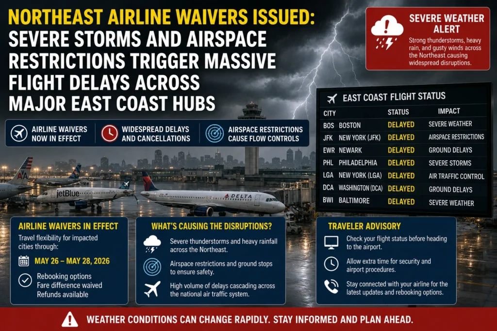 Infographic about Northeast airline waivers due to severe weather causing flight delays across major East Coast hubs with a flight-status board and storm imagery.