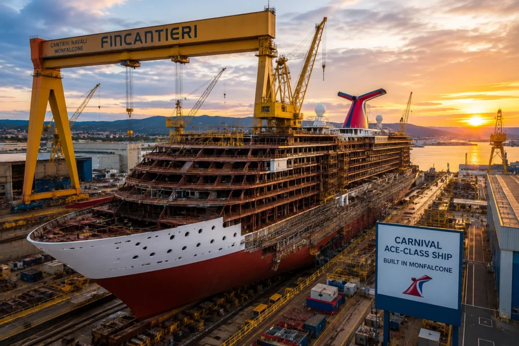 Sunset over a large cruise ship under construction in a shipyard, with towering yellow gantry cranes in the background.