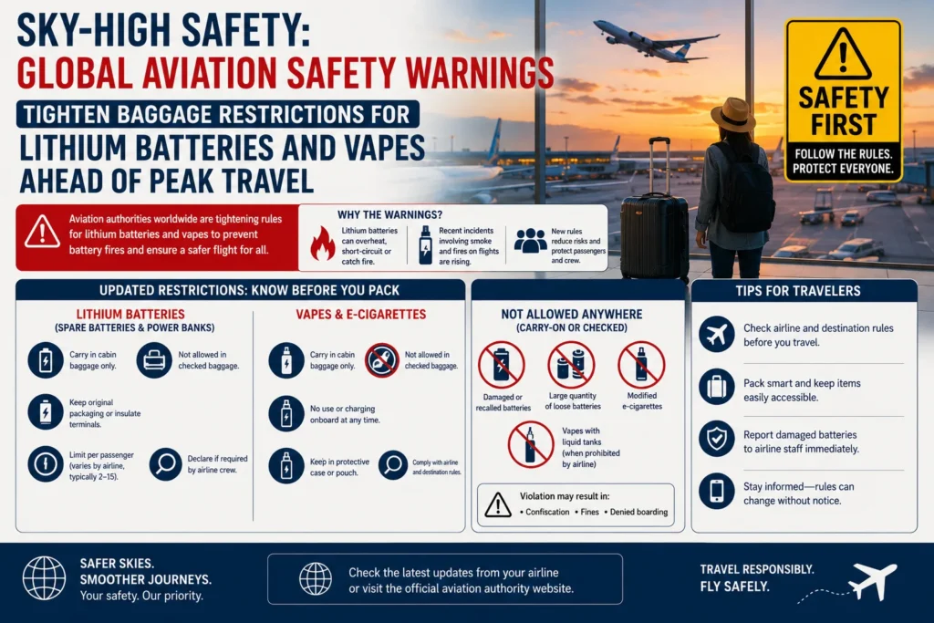 Graphic infographic about global aviation safety warnings; highlights lithium battery and vape restrictions ahead of peak travel, plus traveler tips and prohibited items section.