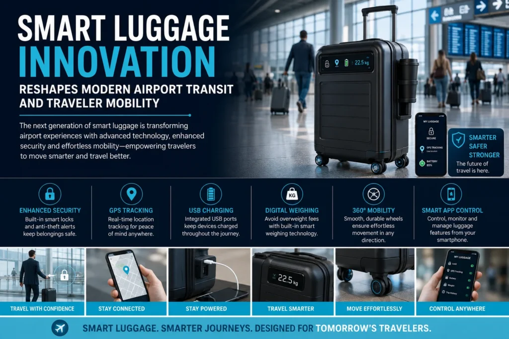 Banner for smart luggage innovation at an airport: a black smart suitcase with digital display beside a smartphone, overlaid with bold blue headline text about innovation and traveler mobility.