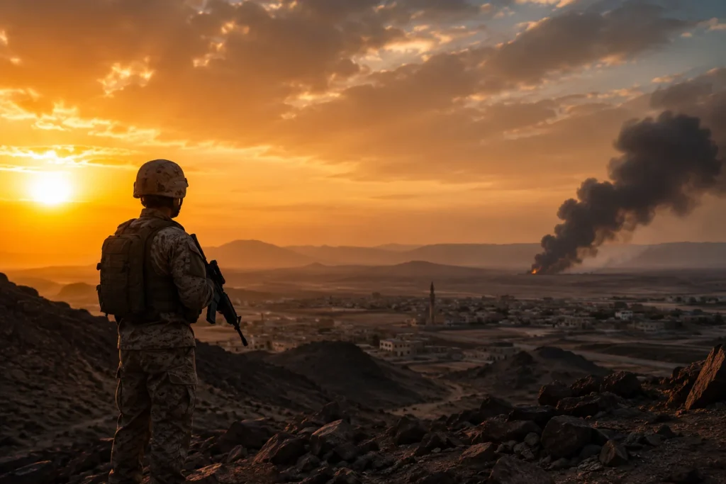 Soldier overlooking burning valley at sunset