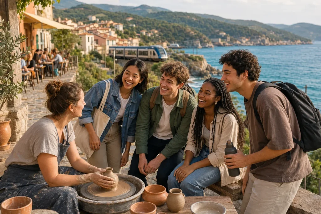 Group of friends at a pottery workshop by the coast, listening to an instructor shaping clay.