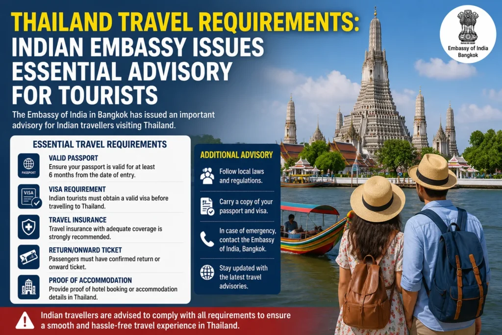 Poster announcing Thailand travel requirements for Indian travelers, showing embassy logo and travel tips with a temple and river scene in Bangkok.