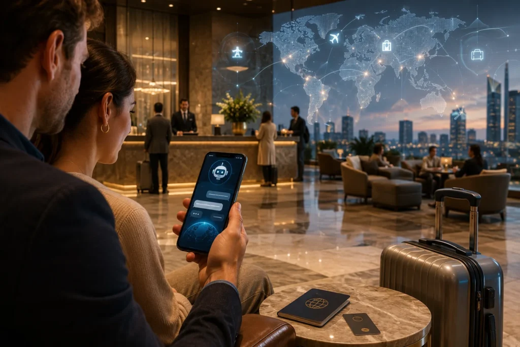 Travelers Exploring a Connected Lobby