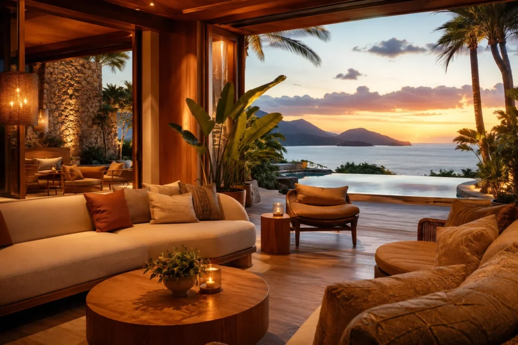 Open-air living area with beige sofas, cushions, and wooden tables, overlooking a sunset ocean and palm trees.
