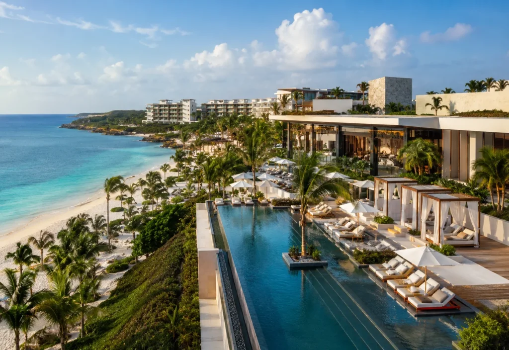 Luxurious oceanfront resort with an infinity pool, cabanas, and palm trees overlooking a white-sand beach and turquoise sea.