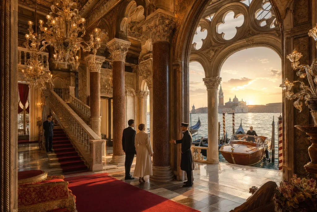 Opulent Venetian hall with crystal chandeliers and marble columns; guests stand on a red carpet near arches overlooking gondolas at sunset.