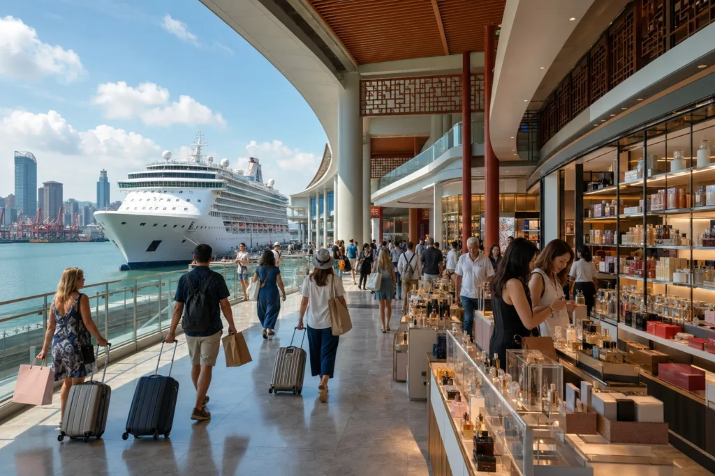 People strolling the harbor promenade with suitcases as a large cruise ship sits at dock nearby.