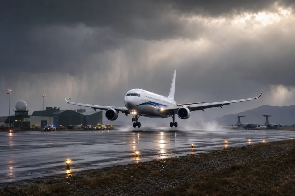 Large passenger jet landing on a wet runway under dark storm clouds, with ground vehicles and other planes in the background.