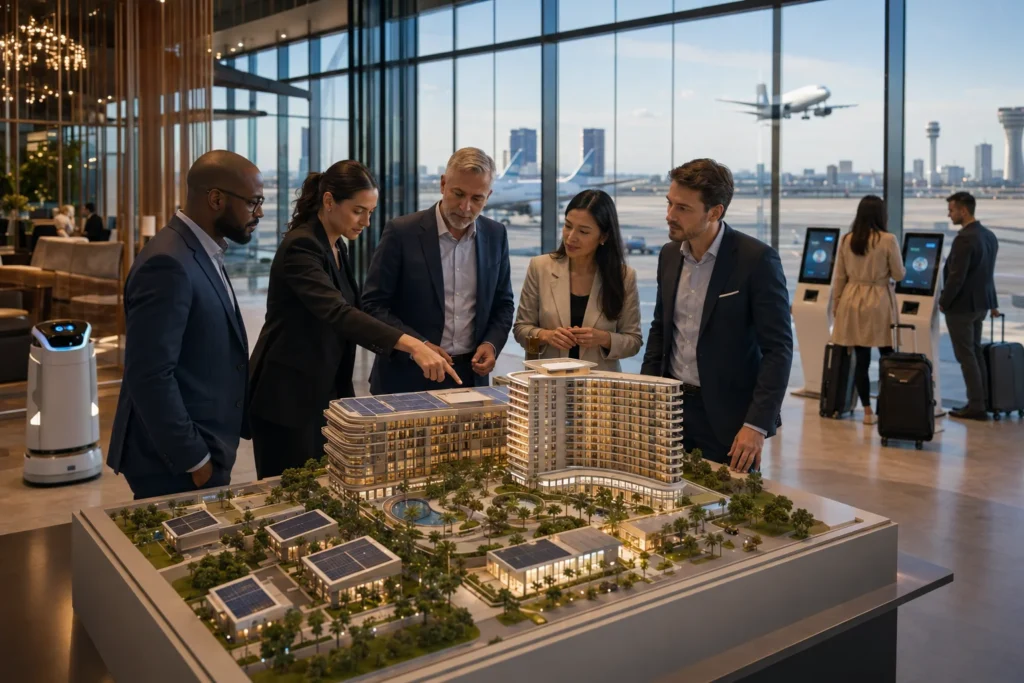 Group of professionals in a modern airport lounge reviewing a large architectural model with solar panels and greenery.