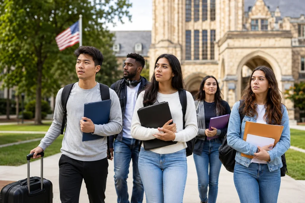 international students arriving at us university campus