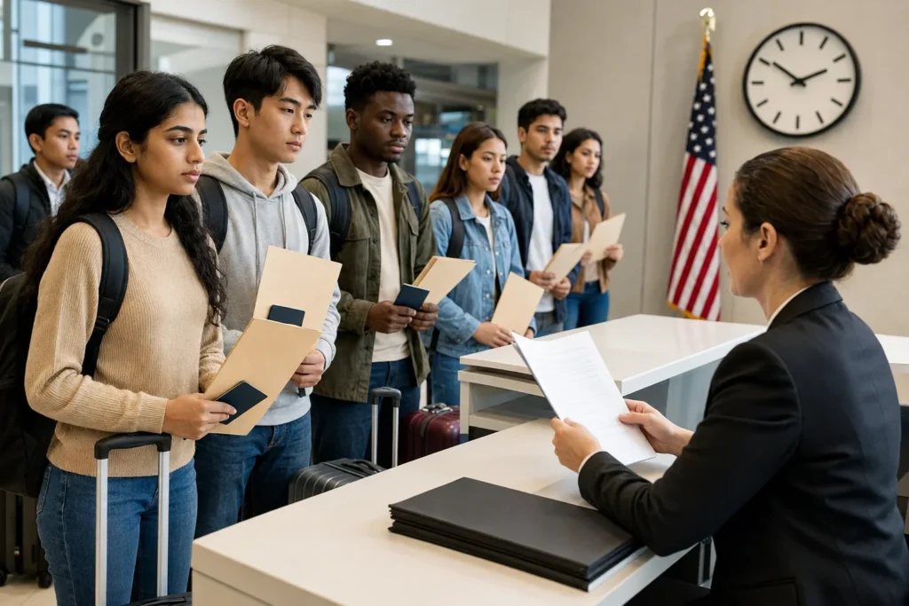 Diverse group of young adults with backpacks and luggage waiting in line at a reception, holding envelopes and documents.
