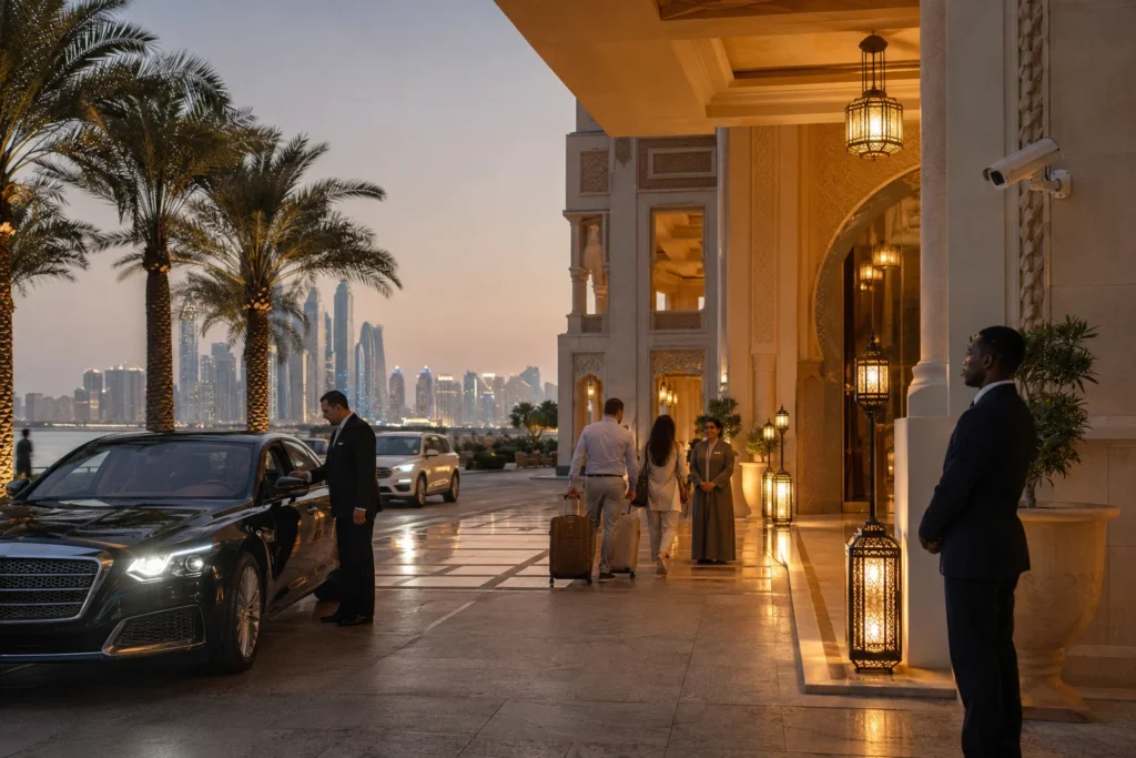 luxury hotel entrance at dusk