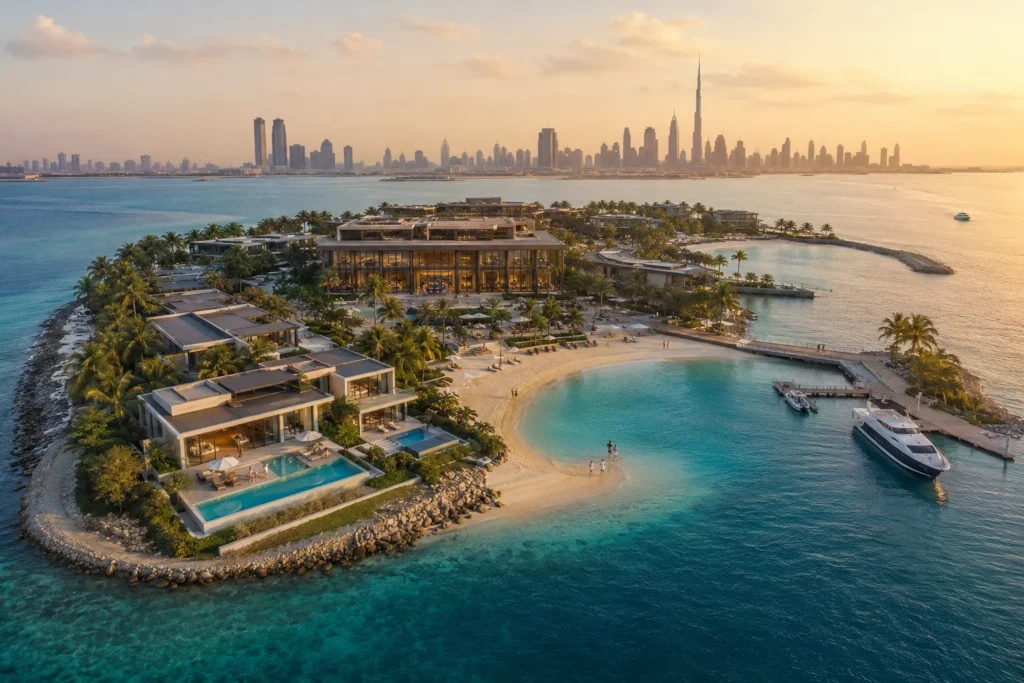 luxury private island resort at sunset