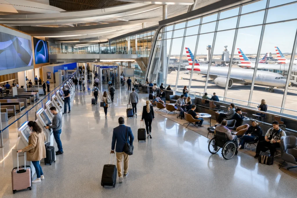 Busy airport terminal with travelers pulling suitcases, seating areas along windows, and airplanes visible outside.