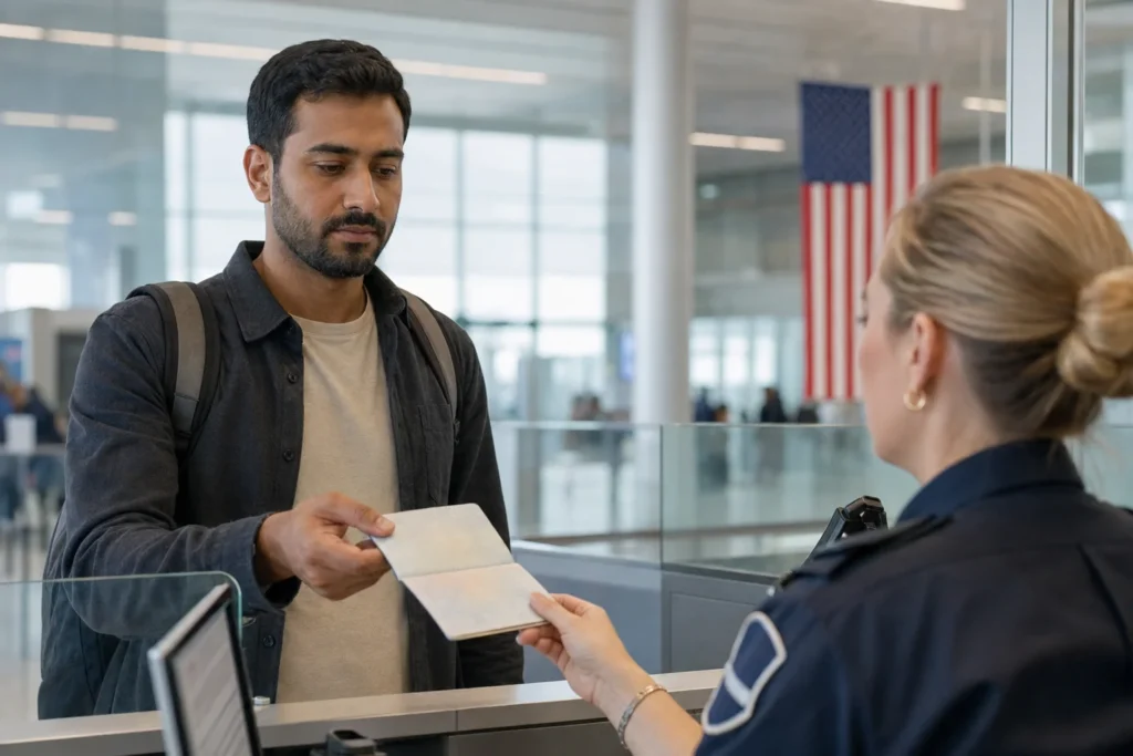 traveler at us airport immigration checkpoint