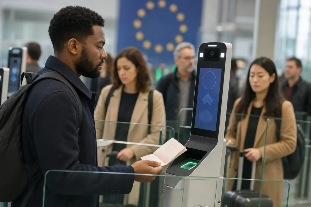traveler using biometric airport e-gate