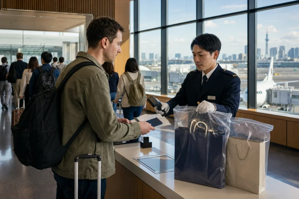 traveler verifying purchases at japan airport