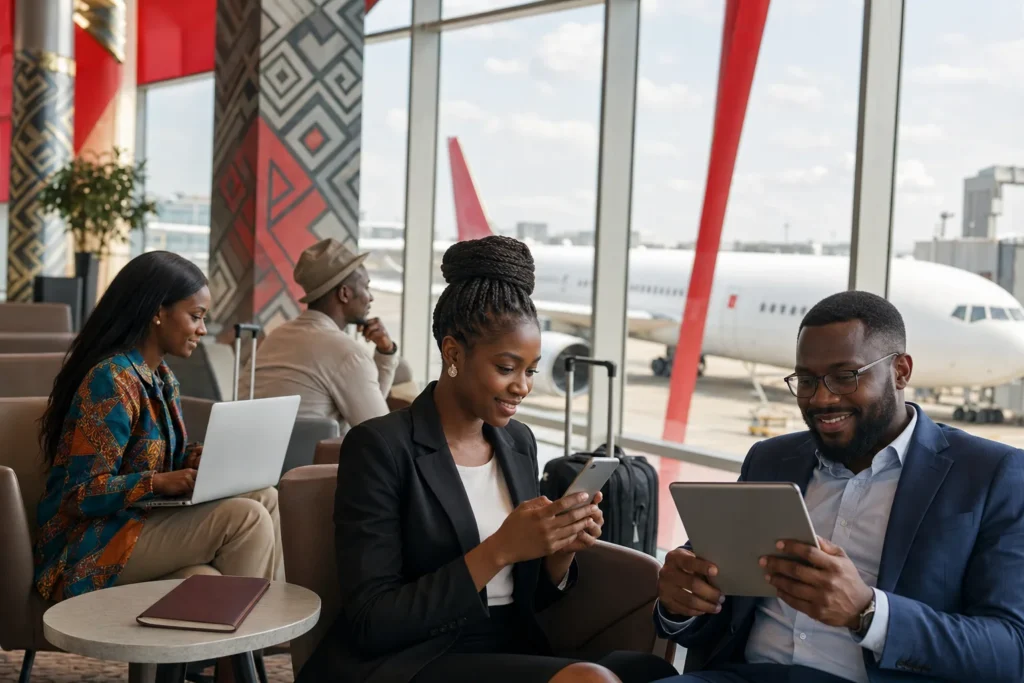Business travelers in an airport lounge use phones and tablets with a plane visible through large windows behind them.