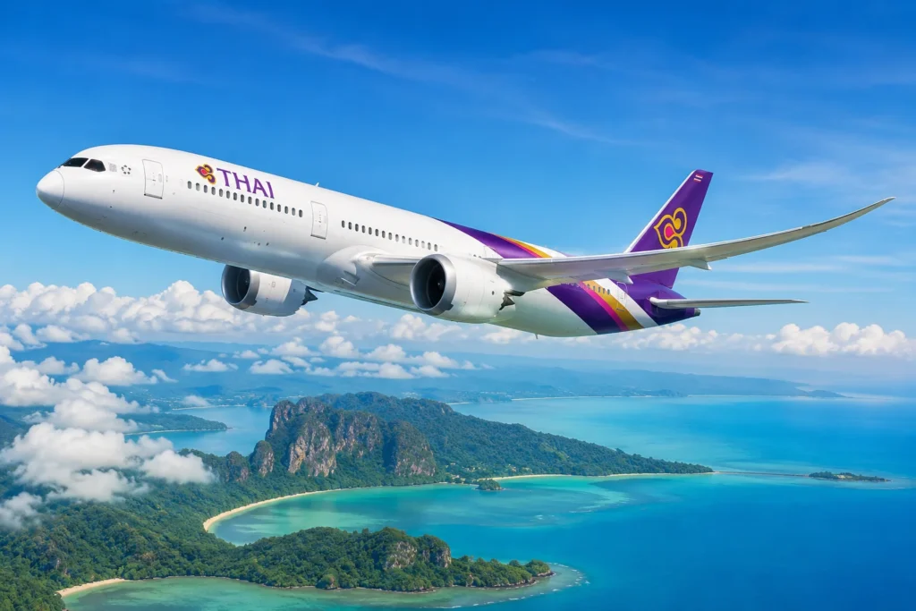 A Thai Airways flight soaring above tropical shores