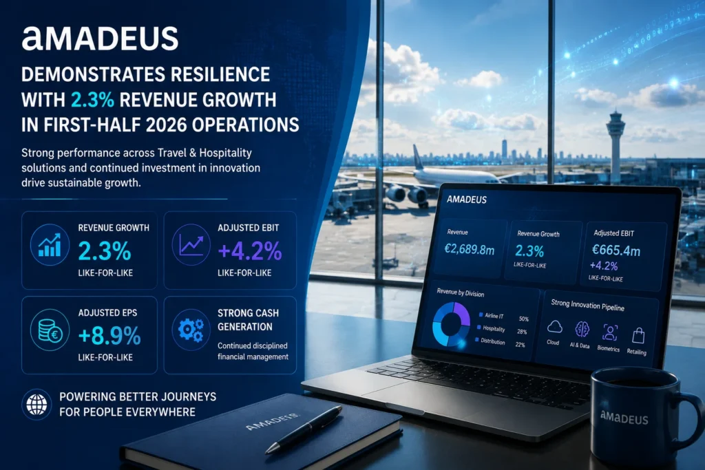 Infographic titled Amadeus demonstrates resilience, highlighting 2.3% revenue growth and key metrics (adjusted EBIT -4.2%, adjusted EPS +8.9%) with a laptop dashboard and city view."