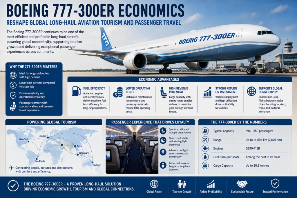 Infographic titled 'Boeing 777-300ER Economics' showing a Boeing 777-300ER on the tarmac with sections on fuel efficiency, operating costs, revenue potential, and global tourism, highlighting its long-haul value and passenger experience.