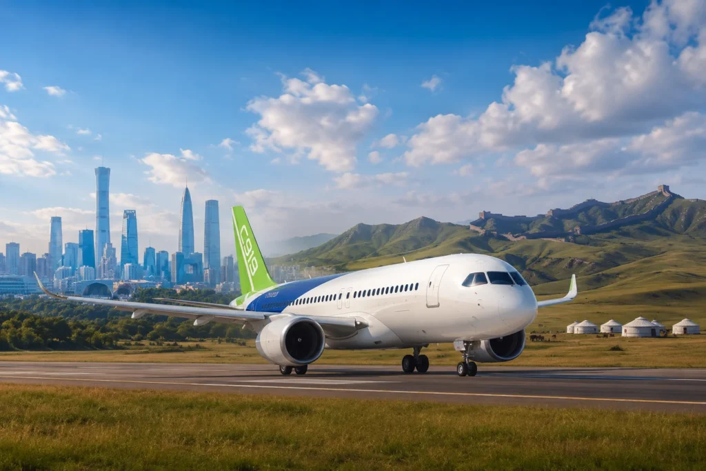Commercial jet on a runway with a city skyline and green hills in the background.