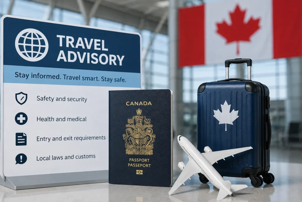 Travel advisory sign beside a Canadian passport and a miniature airplane in front of a blue suitcase with a Canadian flag; symbolizes travel guidance to Canada.