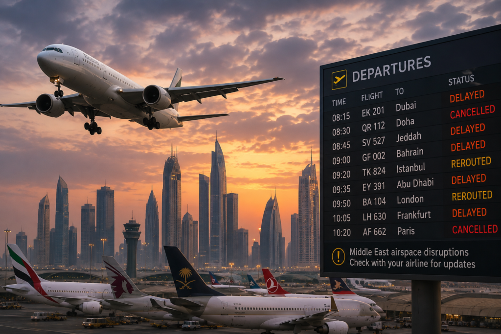 Sunset Airport Departures Amid Skyscrapers