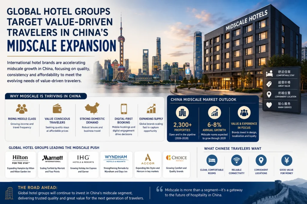 Infographic about midscale hotel expansion in China, with Shanghai skyline and a building labeled 'MIDSCALE HOTELS'.