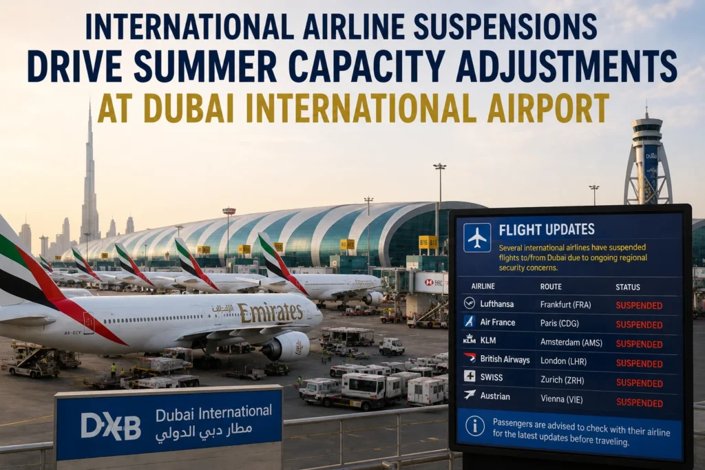 Dubai International Airport scene with an Emirates jet at the gate and a Flight Updates board listing suspended flights to various airlines.