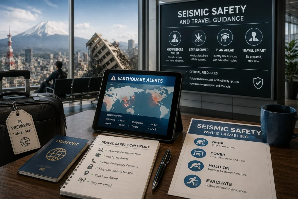 Airport desk with travel safety materials: tablet shows Earthquake Alerts, passport, travel safety checklist, and seismic safety guidance poster in the background.