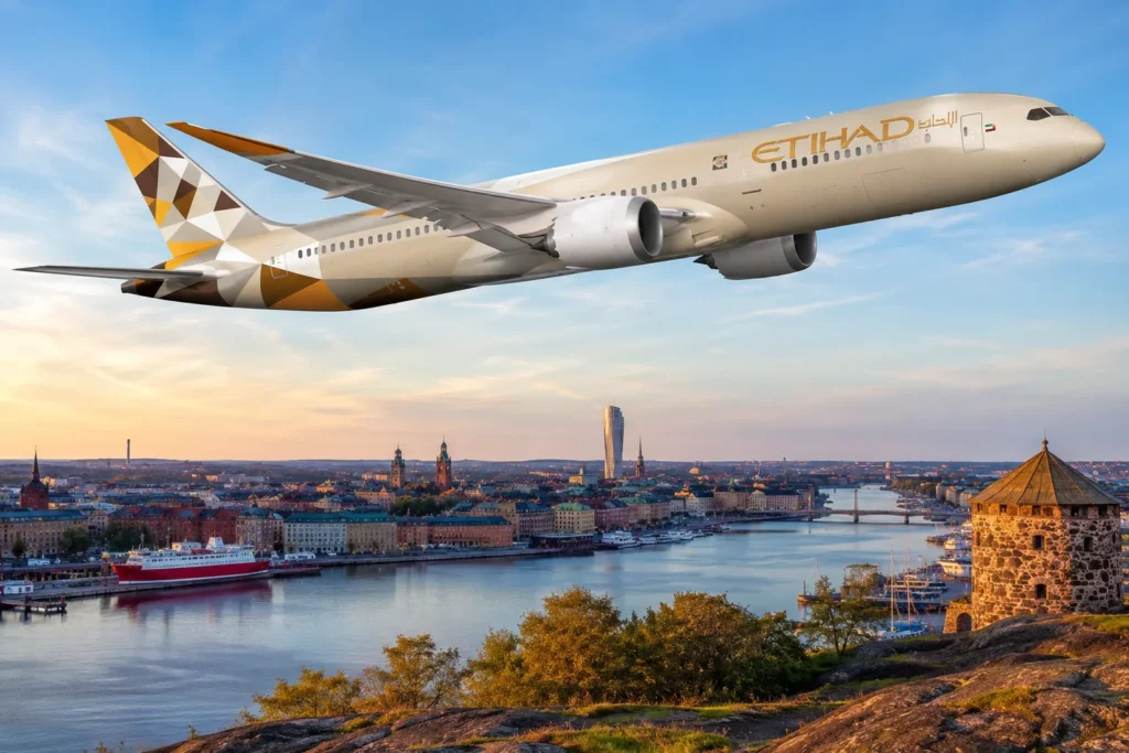 Etihad Over a Golden-Hour Waterfront