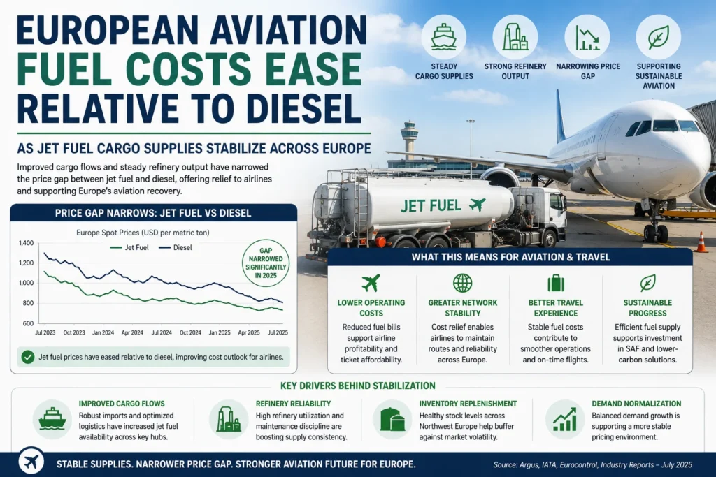 European Aviation Fuel Costs Ease Relative to Diesel as Jet