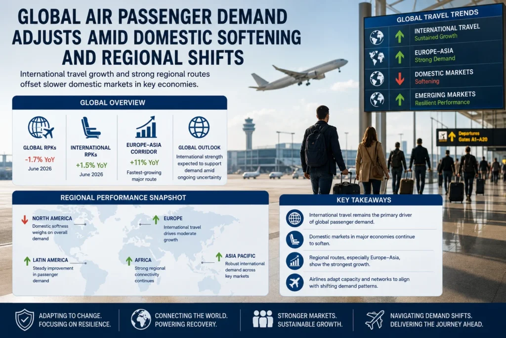 Informative infographic about global air travel demand and regional trends at an airport, featuring charts, a world map, and travelers walking by.